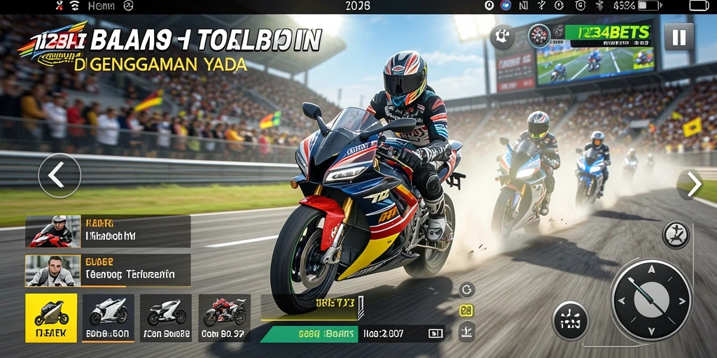 Screenshot utama 1234BETS menampilkan aksi balapan motor yang mendebarkan.