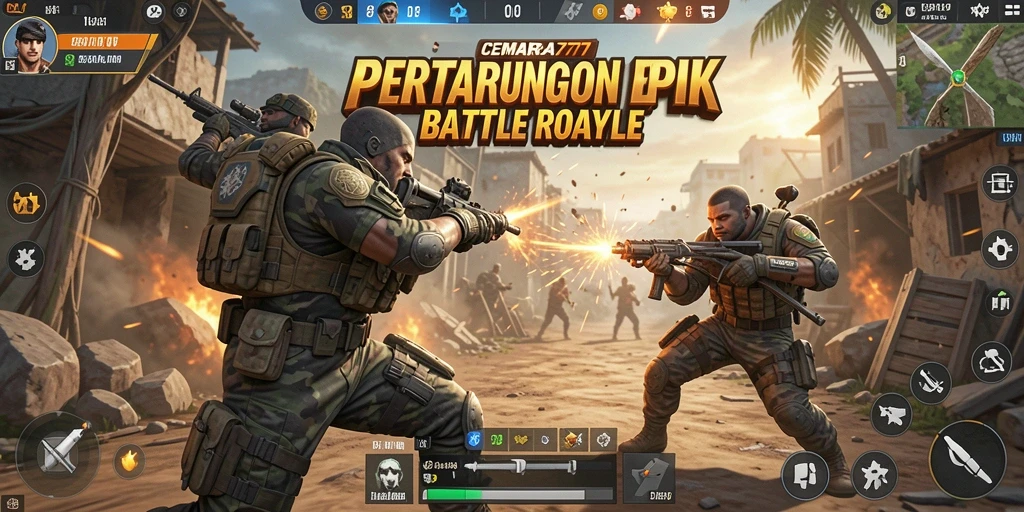 Tampilan gameplay CEMARA777 dengan pertarungan Battle Royale yang seru.