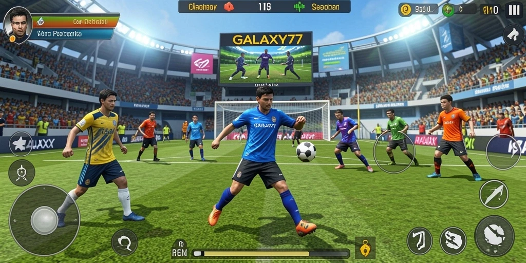 Screenshot utama GALAXY77 menampilkan aksi seru dalam pertandingan olahraga.