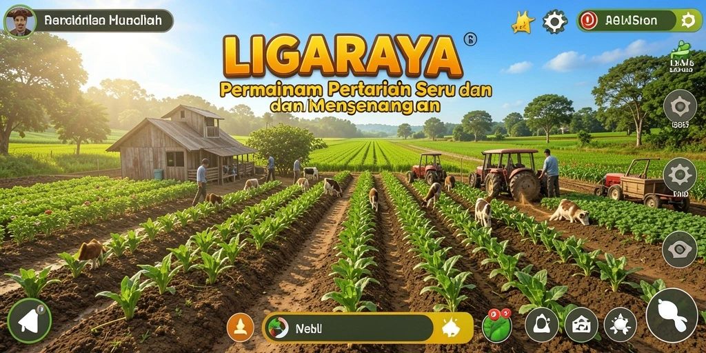 Tampilan gameplay LIGARAYA dengan ladang yang subur dan tanaman beragam.