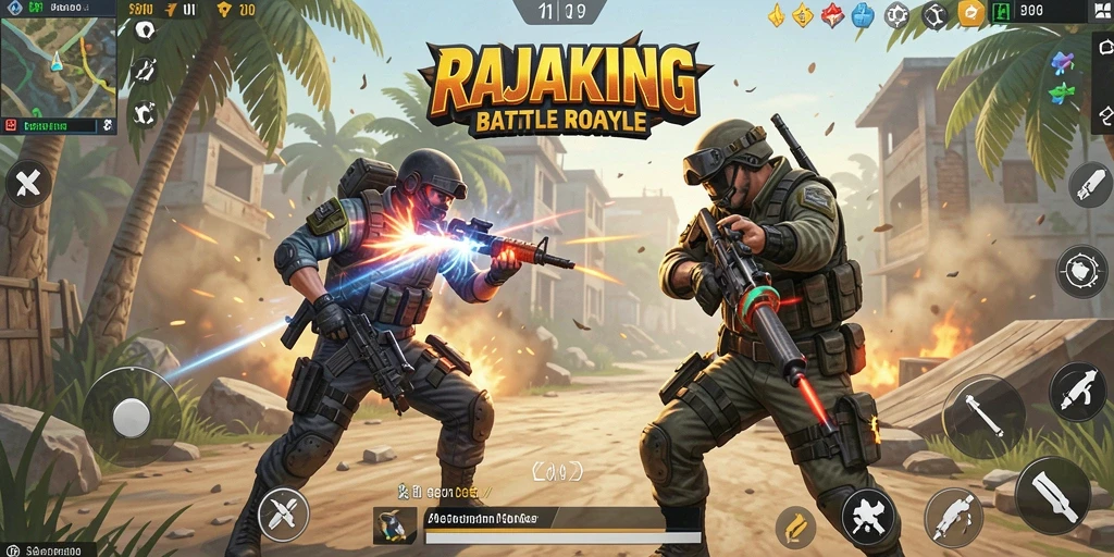 Tangkapan layar gameplay RAJAKING menampilkan aksi seru dalam pertarungan Battle Royale.